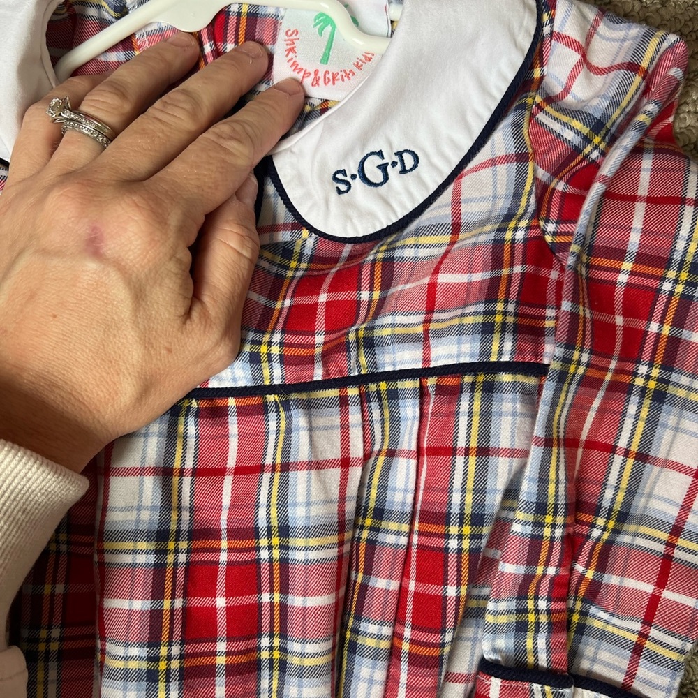 Plaid Shrimp & Grits monogrammed Christmas bubble with Peter Pan collar